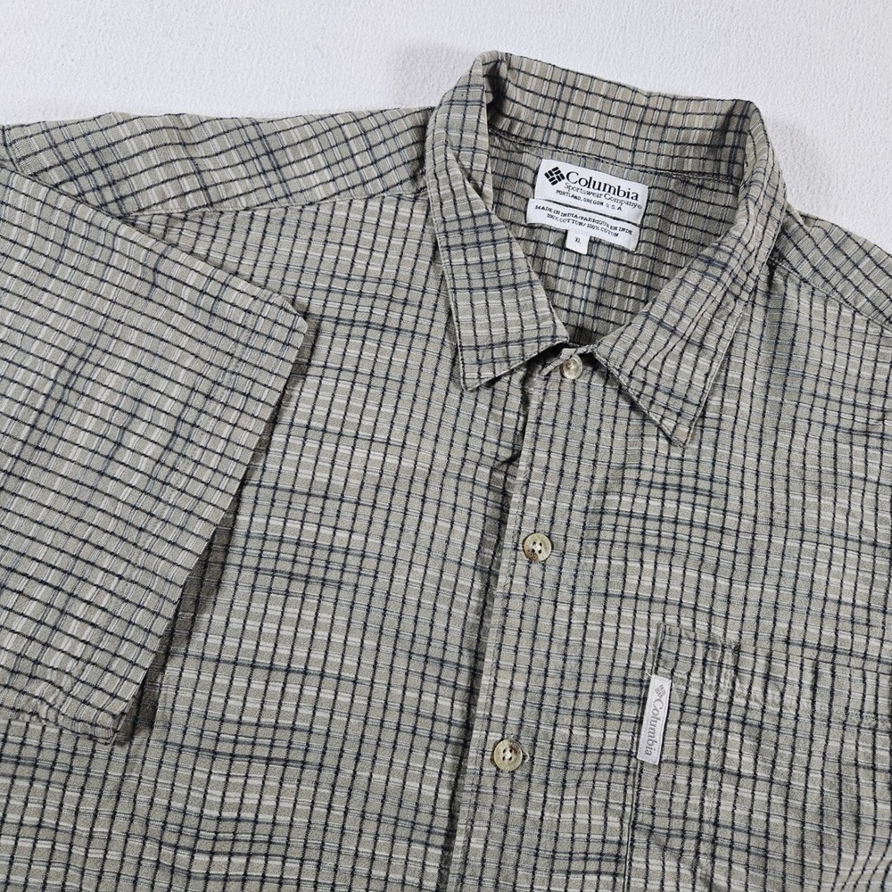Columbia Button Down Shirt Mens XL Gray Green Grid Plaid Short Sleeve Cotton